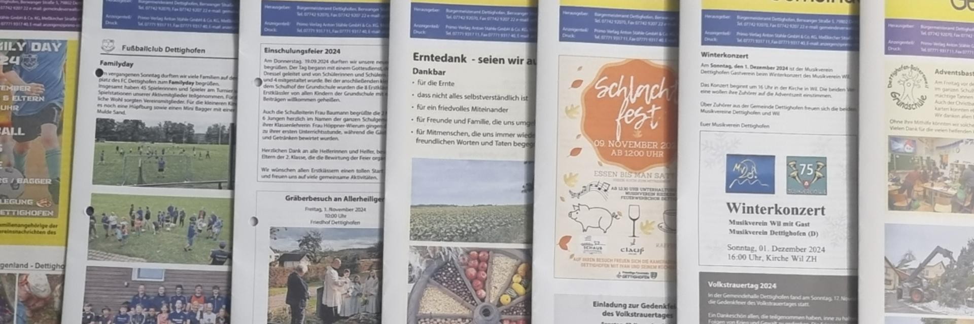 Eine Gruppe von Mitteilungsblättern ist ordentlich auf einem Regal angeordnet.